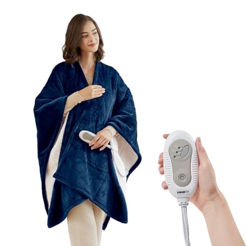 Degrees of Comfort Heated Sherpa Wrap Shawl, Cozy Winter Electric Blanket Throw, for Grandma Mom Women, Washable, Auto Shut-Off, Reversible 50 x 64 Inch, Navy