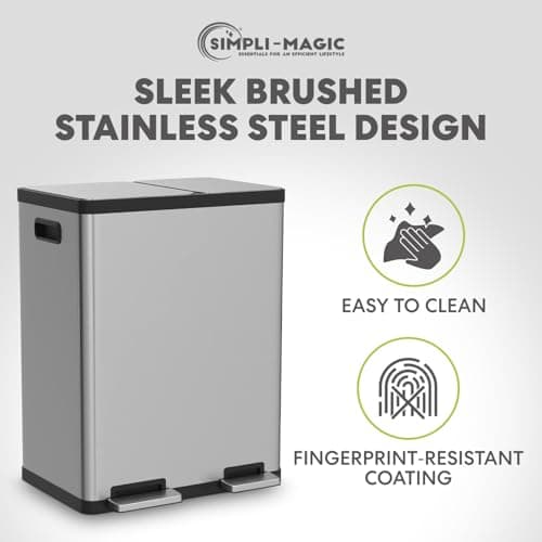 Simpli-Magic 18.5 Gallon (40L x 30L) Dual Compartment Step Trash Can – Kitchen Garbage Can with Waste & Recycling Bins – Slow-Close Lid, Odor Control, Hands-Free, Stainless Steel 7