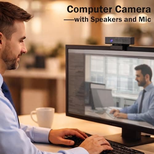 ROTOPATA Webcam with Speakers and Mic, Full HD 1080P/30FPS Computer Camera for Streaming Video Conference , 4 Noise-Cancelling Mics, Privacy Cover, 90°FOV, USB-A, Webcam for PC Desktop Monitor Laptop 9