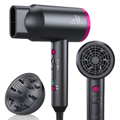 ANNE BETTY Hair Dryer with Diffuser for Curly Hair, 1800W Ionic Blow Dryer for Women & Men, Fast-Drying, Lightweight, Low Noise, Hair Care Styling Tool for Home, Travel