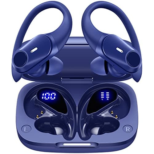 Active Noise Cancelling Earbuds Wireless Bluetooth Headphones 80H Playtime LED Power Display Charging Case Over Ear Hooks Ear Buds with Hi-Res Sound & Clear Calls for Sports Running Gym Workout Blue