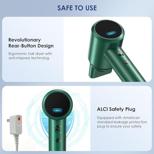 Professional Hair Dryer - 150000 RPM High-Speed, Negative Ionic for Fast Drying and Hair Care. Low Noise, 4 Temps/2 Speeds, Lightweight with Magnetic Nozzle. (Green) 6