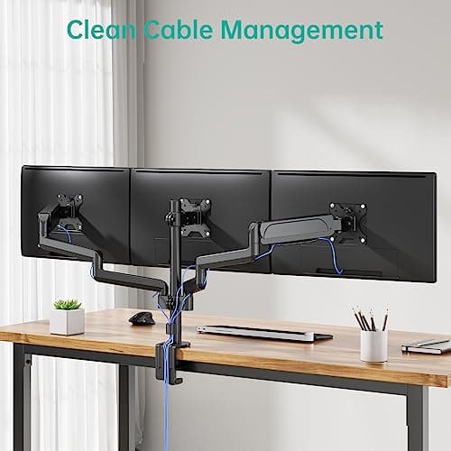 WALI Triple Monitor Mount for 13-27 inch Screens, Adjustable 3 Monitors Desk Mount with Swivel, Tilt, Clamp & Grommet Kit, Gas Spring Arm Triple Monitor Stand, VESA 75x75/100x100mm (GSDM003), Black 9