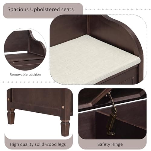 Bellemave Storage Bench with Safety Hinge Wooden Entryway Benches with Shoe Cabinets Under Seat Multifunctional Storage Bench for Entryway, Foyer or a Mudroom (Espresso + Beige) 6
