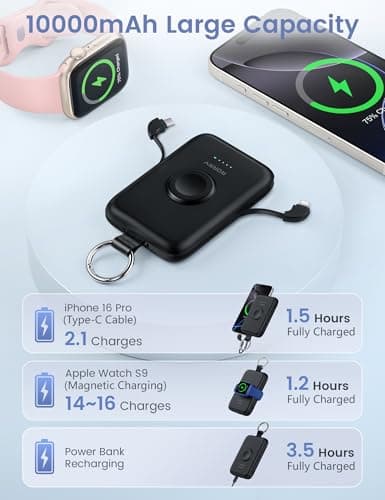 RORRY Portable Charger, 10000mAh PD 20W Fast Charging Portable Charger Power Bank with Built in Cables, Travel Battery Pack for iPhone 17/16/15/14/13/12 and Apple Watch Ultra/11/10/9/8/7/6/5, Black 5