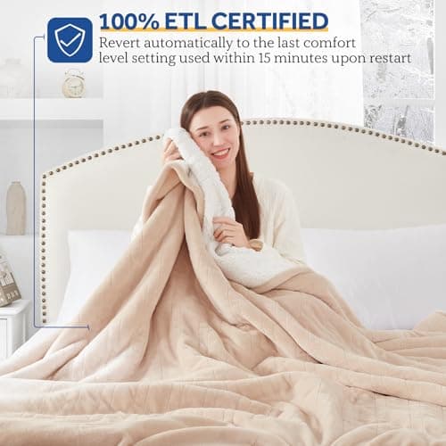 SEALY Electric Blanket King Size, Flannel & Sherpa Heated Blanket with 10 Heating Levels & 1-12 Hours Auto Shut Off, Fast Heating Warming Blanket, Machine Washable, Beige, 100 x 90 Inch 5