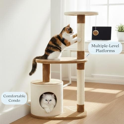 PETMAKER Cat Tree Condo 3 Tier with Condo and Scratching Posts, 37.5", Brown and Tan 5