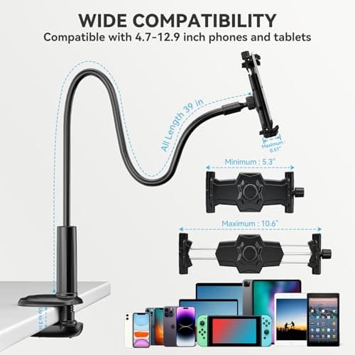 KDD Gooseneck Tablet Stand, 360° Adjustable Phone & iPad Holder for Bed and Desk, Flexible Arm Mount Clip for Video Recording, Bedside & Headboard Clamp for iPad Pro 12.9, Mini, Switch 6
