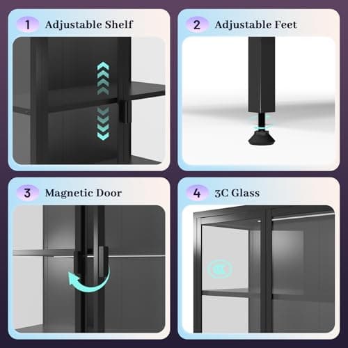 Rumetol 71" H Display Cabinet with Glass Doors,Display Case with LED Sensor Lights,Glass Display Cabinet with Adjustable Shelves and Feet,Display Cabinets for Living Room/Bedroom/Kitchen 5