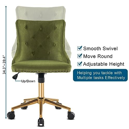 VINGLI Olive Green Velvet Armless Office Desk Chair with Gold Base/Wheels, Small Cute Vanity/Makeup Chair with Back for Bedroom, Upholstered Adjustable Rolling Swivel Nail Chair for Women/Girls 5