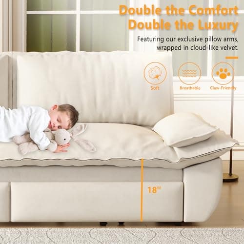 UPYOOE 70.1" Futon Sofa Bed Queen Size, Pull Out Bed, 3-in-1 Convertible Sleeper Sofa with Cushion Armrest, Modern Velvet Futon Couch for Living Room, Small Space, Apartment, Bedroom, Beige 6