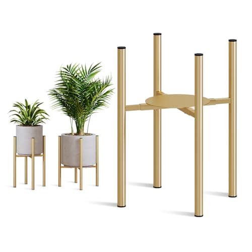 Rioneta Plant Stand Indoor for 2 Height Options ,Mid Century Modern Outdoor Planter Holder,Corner Plant Stand Capacity of 160LB for 8 to 14 Inch Pots Golden with Round Plate
