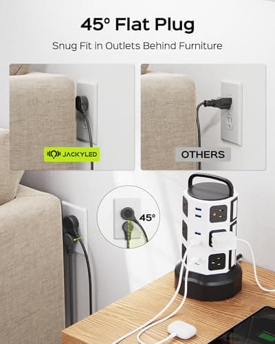 Power Strip Tower Surge Protector, JACKYLED 12 Outlets 6 USB (2 USB C) Charging Station, Extension Cord with Multiple Outlets, 1050J 1625W/13A Outlet Extender 6.5ft Extension Cord for Home Office 6