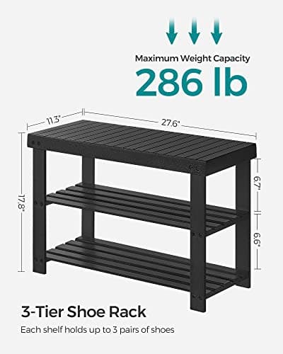 SONGMICS Shoe Rack Bench, 3-Tier Bamboo Shoe Storage Organizer, Entryway Bench, Holds Up to 286 lb, 11.3 x 27.6 x 17.8 Inches, for Entryway Bathroom Bedroom, Ink Black ULBS04H 5