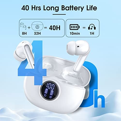 Wireless Earbuds Bluetooth 5.3 Headphones 40Hrs Playtime with LED Display for iphone and Android, Wireless earphones Deep Bass and Noise cancelling Bluetooth Ear Buds with IPX7 Waterproof, Fast Charge 5
