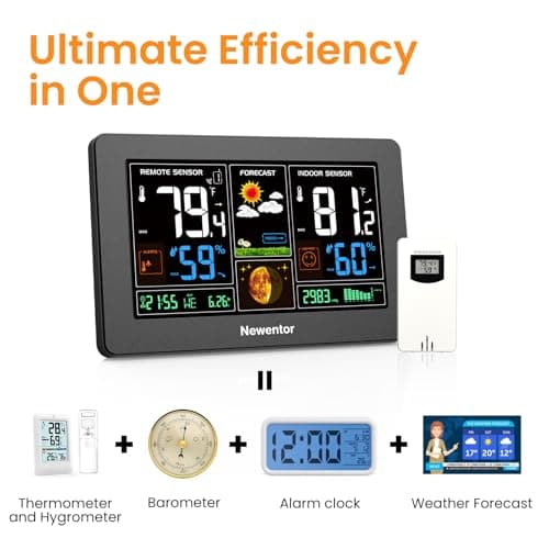 Newentor Weather Station Wireless Indoor Outdoor Thermometer, Color Display Digital Weather Thermometer with Atomic Clock, Barometric Pressure, Forecast Station with Adjustable Backlight, Black 5