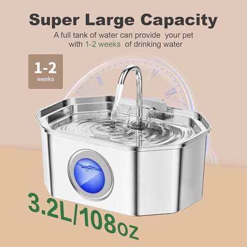 Cat Water Fountain Stainless Steel 108oz/3.2L, APAUK Automatic Pet Fountain Dog Water Dispenser with Water Level Window, Quiet Cat Fountain for Drinking, Inside with Replacement(1 Filter&1 Sponge) 5