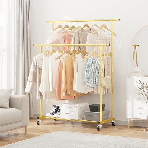 Calmootey Double Rod Clothing Garment Rack,Rolling Hanging Clothes Rack,Portable Clothes Organizer for Bedroom,Living Room,Clothing Store,Gold 5