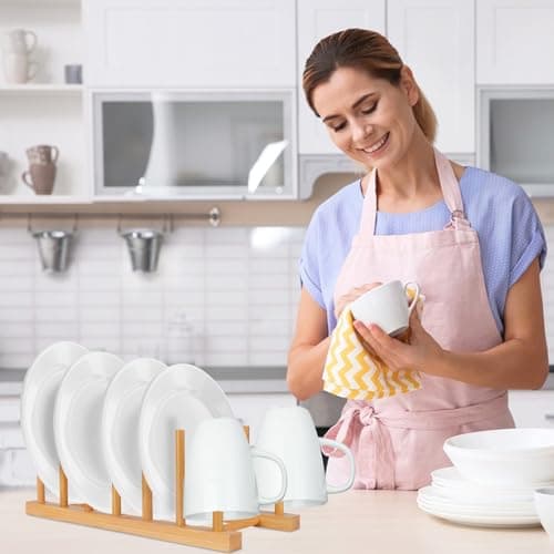 SAMEBUTECO Bamboo Wooden Dish Racks Plate Stand Holder Vertical Drainer Kitchen Cabinet Organizer for Dish, Pots, Lids, Bowls, Cups, and Cutting Boards and Books(2 Packs) 7