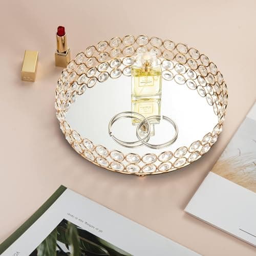 Feyarl Crystal Perfume Tray Makeup Cosmetic Vanity Organizer Jewelry Trinket Display Storage Mirrored Decorative Tray Skin Care Tray for Dresser Home Deco Birthday Gift(Round 10" inch) (Gold) 7