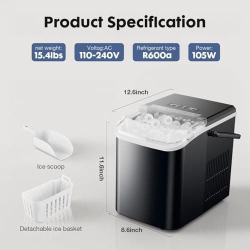 Sweetcrispy Countertop Ice Maker Machine, Portable Self-Cleaning Ice Machine with Ice Scoop, Basket and Handle, 9 Cubes in 6 Mins, 26.5lbs/24Hrs, 2 Sizes of Bullet Ice for Home Kitchen, Coal Black 7