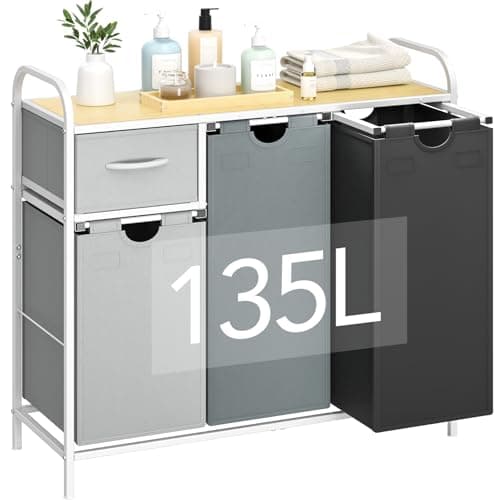 Yecaye Laundry Sorter 3 Section, Laundry Hamper with Shelf and 1 Drawer, 35.7Gal(135L) Clothes Basket Organizer, Pull-Out and Removable Oxford Fabric Laundry Bags for Laundry Room, Bedroom, Bathroom
