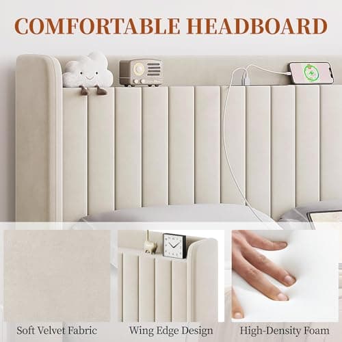 Yaheetech Queen Bed Frame with USB Charging Station and Storage Shelf/Upholstered Headboard Platform Bed with Wing Side/Wooden Slats Support/Noise Free/No Box Spring Needed/Easy Assembly, Beige 5