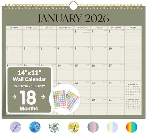 2026 Calendar, Forvencer 18-Month Wall Calendar 2026, Jan 2026 to Jun 2027, 14" x 11" Large Monthly Planner Calendars with Notes Section & Stickers, Ruled Block, Spiral Binding Hanging for Home Office