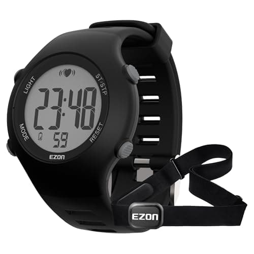 EZON Heart Rate Monitor Chest Strap and Digital Watch,5ATM Waterproof Fitness Tracker with HRM,Calories Burned,Stopwatch and Hourly Chime - Ideal Fitness Presents for Men and Women (Black)