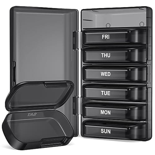 PULIV Weekly Pill Organizer with Large Capacity, Dual Protection Pill Box 7 Day, Arthritis Friendly Pill Case Easy to Open, Medicine Organizer for Vitamins, Medications, Fish Oils, Supplements (Black)