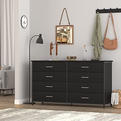 IKENO 8 Drawer Dresser for Bedroom, Industrial Wood Dresser Wide 8 Chest of Drawers, Wooden Storage Organizer Dresser with Sturdy Steel Frame (Black) 8