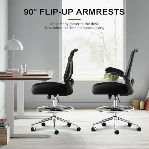 KWKSV 500 lbs Tall Drafting Chair for Standing Desk with Flip-up Armrests, Pressure Locking Casters, W-Shape Thicken Cushion, Breathable Mesh Extended Height Office Chairs (Black) 9