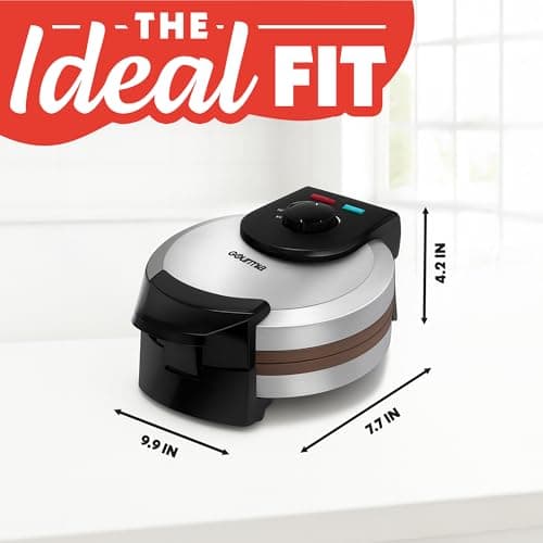 Gourmia Belgian Waffle Maker – Compact Design with Upright Storage, Adjustable Browning, and Easy-Clean Nonstick Ceramic Plates, Stainless Steel 9