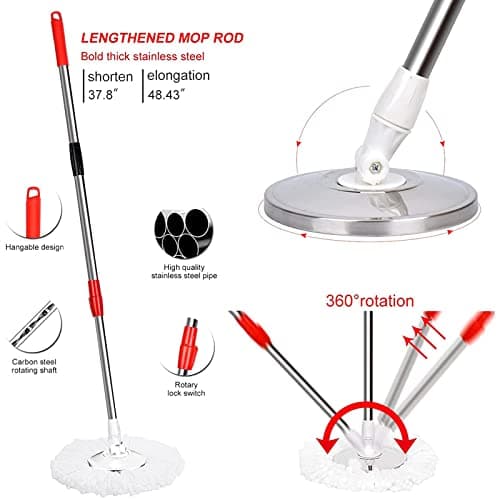 Mop and Bucket Set, 360° Spin Mop and Bucket with Wringer Set and 3 Microfiber Mop Refills, Stainless Steel 61" Extended Handle Spinning Mop Bucket System for Floor Cleaning 5