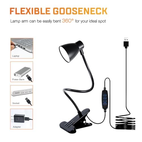 CeSunlight CRI 90+ Clip on Reading Light, Small Clamp on Desk Lamp, 3000K-6500K Adjustable Color Temperature, Gooseneck Bed Clip Light for Headboard(Adapter Included) 5
