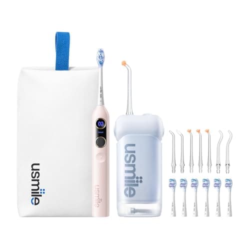 usmile Y20 PRO Electric Toothbrush + C10 Water Flosser Set for Adults, 6 Brush Heads, 7 Nozzles, 1 White Toiletry Bag Included, 1-Year Complete Oral Care Kit for Home & Travel