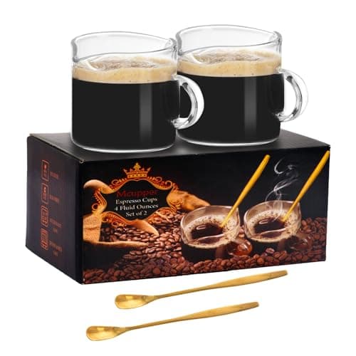 Mcupper 2 Pack Espresso Cups 4 OZ, Double Spouts Cups with Handle and 2 Stainless Steel Spoons, Espresso Shot Glasses, Milk Cup, Clear Glass for Espresso Machine