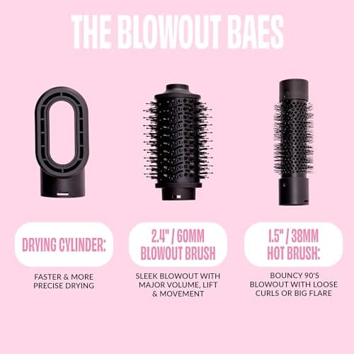 FoxyBae 3-in-1 Ceramic Interchangeable Hair Tools - Blowout Dryer - 3 Detachable Heads: 2.4" Blowout-Brush, 1.5" Hot Round Brush & Drying Cylinder Hair-Dryer & Hair Styling Set (Black Rose-Gold) 5