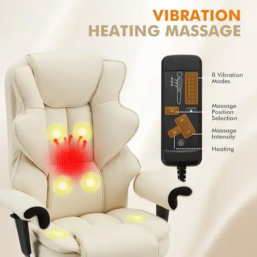 HOMREST 6-Point Massage Executive Chair,Heat Office Chair,Ergonomic Home Office Desk Chairs with Retractable Footrest and Reclining Function,Leather Computer Chair with Adjustable Armrest(‌Off White) 6