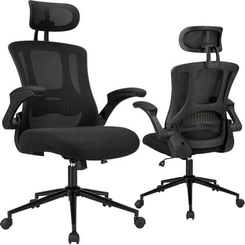 PrimeZone Ergonomic Office Desk Chair - Comfy Mesh Computer Chair with Flip-up Arms & Lumbar Support & Headrest & Tilt Function, Big and Tall High Back Chair for Home Office, 300 lbs Capacity, Black