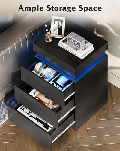 WLIVE Black Nightstand with Charging Station & LED Lights, Modern Night Stand with 3 Drawers and Sliding Top, Bedside Table End Table with Hidden Space for Bedroom, Living Room, Black 6