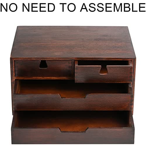 DEAYOU Bamboo Desk Organizer, 100% Natural Bamboo Desktop Drawer Organizer, Dark Brown Tabletop Storage Cabinet Organization Box with 4 Drawer for Makeup, Letter, Home, 3 Layer, Fully Assemble 6