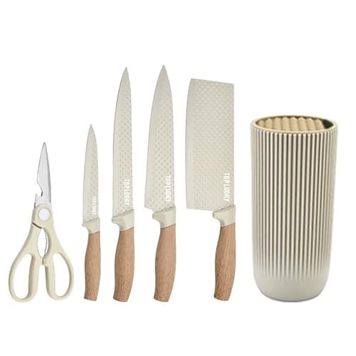 Knife Set, Wiztoynia 6-Piece Khaki Kitchen Knife Set for Home, Anti-Rust Non-stick Stainless Steel Sharp Chef Knife Sets with Universal Knife Block for Kitchen, Ergonomical Design (Khaki) 8