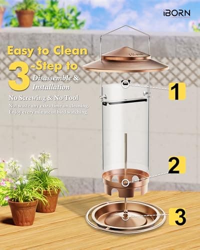 iBorn Bird Feeders for Outdoors Hanging,Metal Bird Feeders for Cardinal Chew Proof 18cm Large Roof&Tray Birdfeeders Outside Hanging,Brushed Copper 6 Port (Seed is not Included) 7