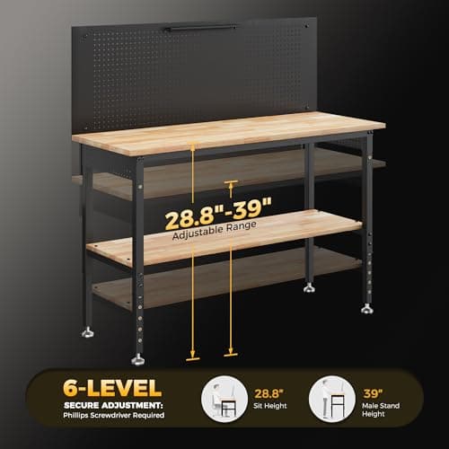CAMMOO 60" Work Bench Adjustable Height with Storage Shelf, Max Load 2000 LBS Heavy Duty Rubberwood Tabletop with Pegboard, LED Light, Built-in Power Strip for Woodworking Shop, Garage, Home 7