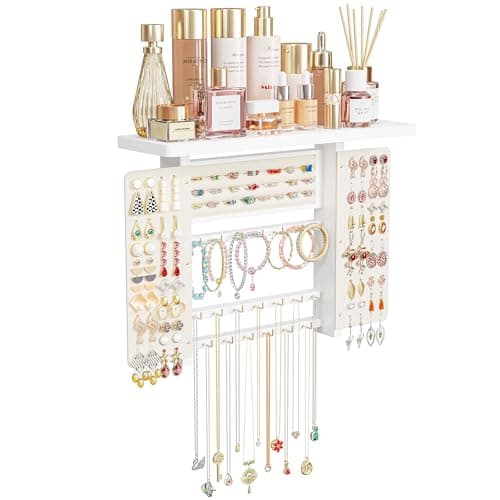 Emfogo Jewelry Organizer Hanging Wall Mounted Jewelry Holder, 5-in-1 Large Capacity Necklace Organizer Wall Hanging Jewelry Display for Ring, Necklaces, Bracelets, Earrings (White) 9