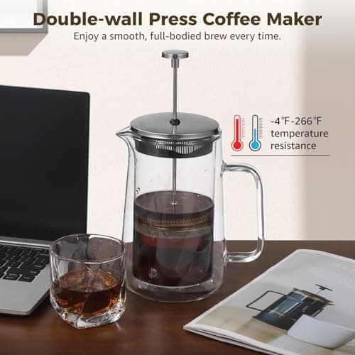 Anjetan Press Coffee Maker, 1000 ml/33.8 oz Double Wall Insulated Tea Maker, Heat Resistant High Borosilicate Glass with Fine Mesh Filter & Ergonomic Handle, Ideal for Hot and Cold Beverages 2