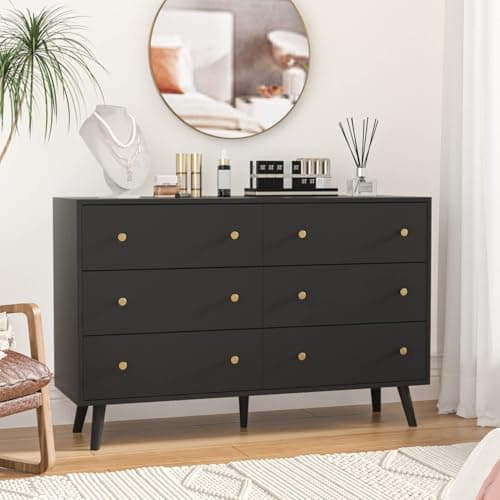 SINROM® Black Dresser for Bedroom, Black and Gold Dresser with Gold Handles, Wide Wood 6 Drawers Dressers for Bedroom 6