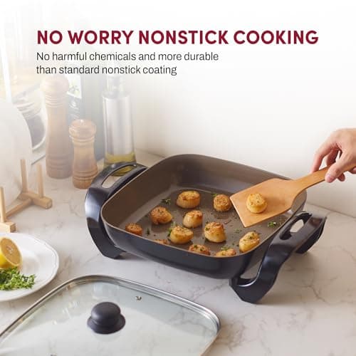 Elite Gourmet EG3033 12"x12"x2.35” Healthy Ceramic with Titanium Coated Scratch Resistant Electric Skillet, Dishwasher Safe, Rapid Heat Up, 1200W, Dark Grey, 6 Quart 5