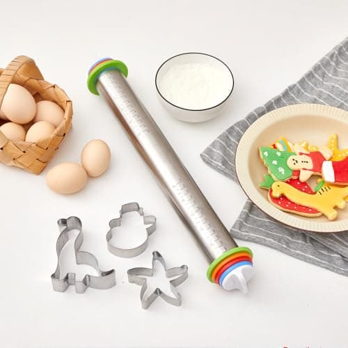 Rolling Pin with Thickness Rings, Fulimax 17" Adjustable Stainless Steel Rolling Pins for Baking, Dough Roller for Fondant Pizza, Pie, Pasta, Cookies, Cakes, Kitchen Baking Supplies 6